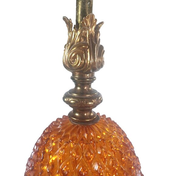 Vintage XL MCM Amber Glass & Brass Diamond Quilted Pineapple Buffet Table Lamp - Picture 3 of 10